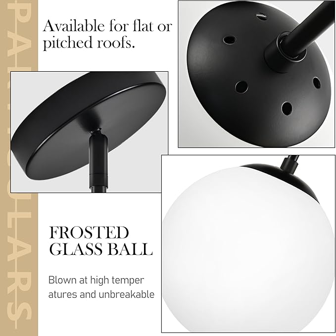Bagood 10" Globe Pendant Light Black 2 Pack Mid Century Pendant Light Globe Pendant Lights Kitchen Island Matte Black Finished with Milk Glass Adjustable Ceiling Light Fixtures for Dining Room Bar