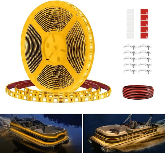 Pontoon LED Strip Lights, 12V 5M/16.4FT Waterproof Marine LED Light Boat Interior Lights, Boat Deck Light for Pontoon Fishing Boats, Extension Cable Included (Amber)