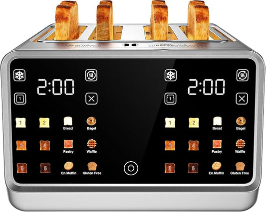 4 Slice Toaster with Dual Touchscreen, 1800W Stainless Steel Dual Zone Independent Control Extra Wide Slot 1.5 Inch, Smart BreadID Timer for Bagel Waffle, Kitchen Essentials