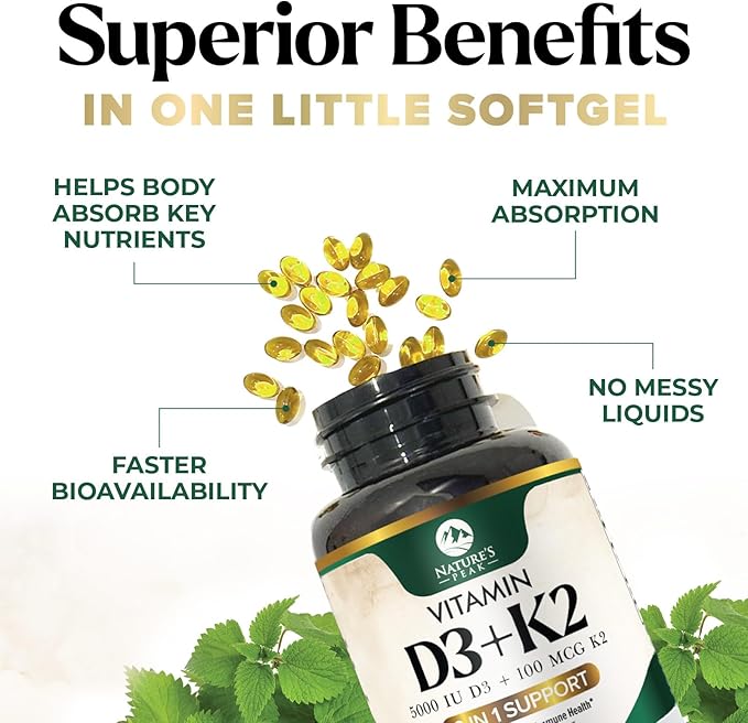 Vitamine D3 K2 5000 UI - Supplément de Vitamine D3 à Haute Puissance - Complexe Avancé 2-en-1 avec Vitamine D et Vitamine K2 (MK7) - Gélule Facile à Avaler, Soutien Osseux et Immunitaire - Embouteillé aux États-Unis - 120 Gélules