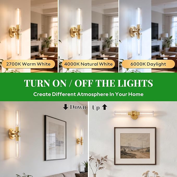 Wall Sconces 2-Pack, Hardwired Bathroom Light Fixtures, Modern Farmhouse Vanity Wall Lighting with Clear Glass Shades, E26 Base Wall Sconce Wall Lights for Bathroom Wall Decor, Gold