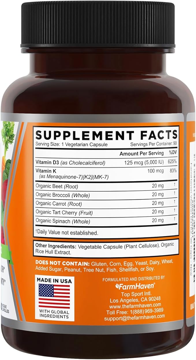Capsules de Vitamine D3 K2 FarmHaven - 5000 UI D3 et 100 mcg K2 - Cholecalciférol MK7 avec Mélange de Fruits et Légumes - Supplément de Vitamine D K2 pour le Système Immunitaire et la Santé Cardiaque - Végétarien, Sans OGM, 90 Gélules