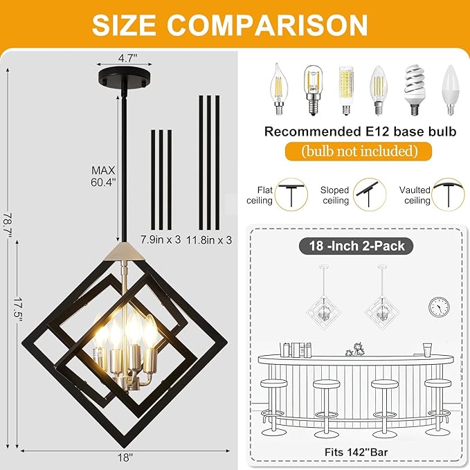 18" Modern Chandelier for Dining Room, No Assembly Required 4-Light Dining Room Light Fixture Over Table, Industrial Hanging Pendant Lights for Kitchen Island, Entryway, Foyer (Black+Brushed Nickel)