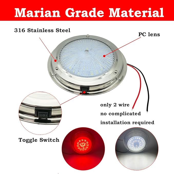Marine Boat Dome Light, Dual Color 5.5" 12V LED Interior Cabin Lights with Toggle Switch, Stainless Steel Surface Mount (White|Red)