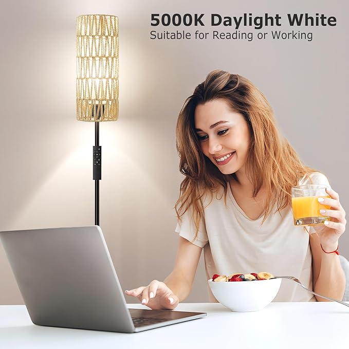 Ambimall 64'' Floor Lamps for Living Room with Remote Control and Stepless Dimmable Colors Temperature & Brightness, Boho Black Standing Lamp with Beige Rattan Shade