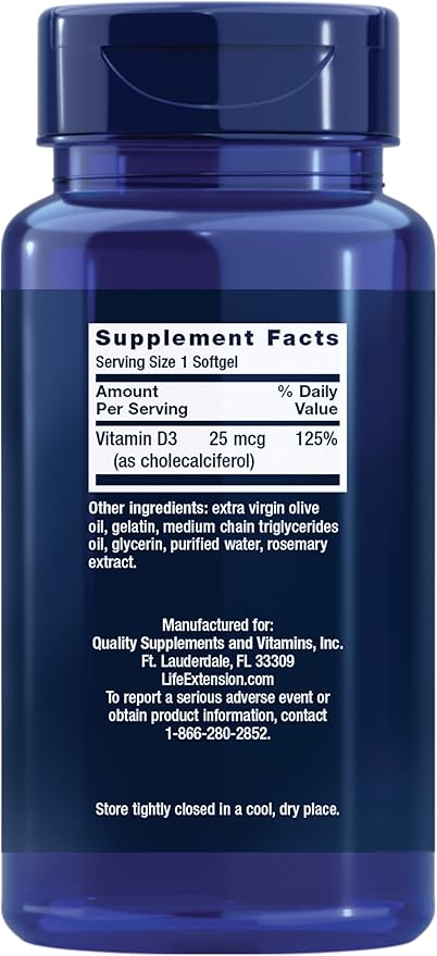 Life Extension Vitamine D3 25 mcg (1000 UI), soutien du système immunitaire, santé osseuse, santé de l'ensemble du corps, format économique, sans gluten, sans OGM, 250 gélules