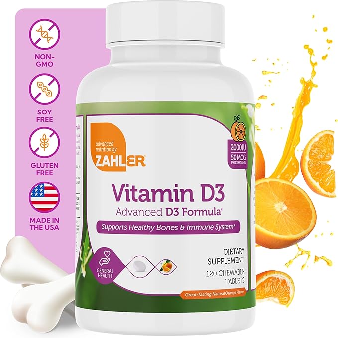 Zahler Vitamine D3 À CROQUER 2000 UI, un supplément entièrement naturel ciblant les carences en vitamine D, certifié casher, 120 comprimés saveur orange au goût délicieux