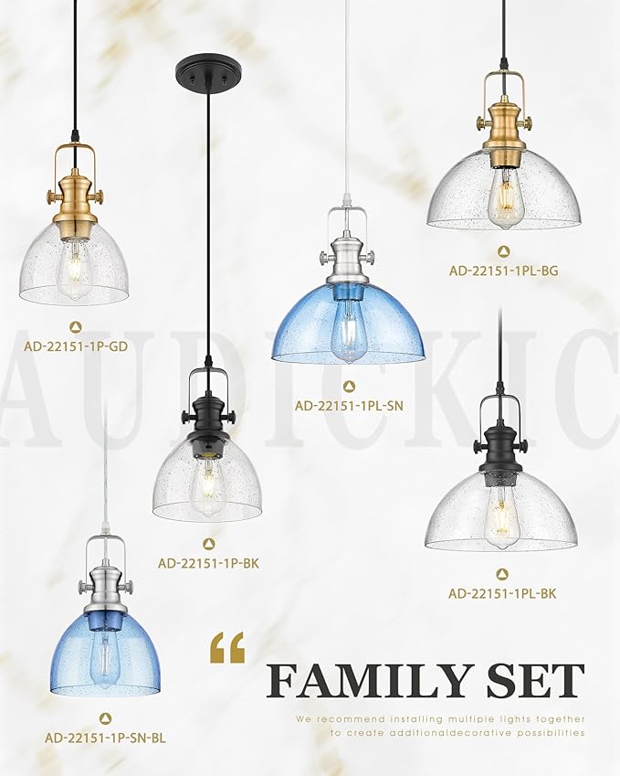 Pendant Lights Kitchen Island, 10.5" Farmhouse Pendant Lighting with Blue Seeded Glass Shade, Vintage Hanging Light Fixtures for Dining Room, Brushed Nickel, AD-22151-1PL-SN-BL