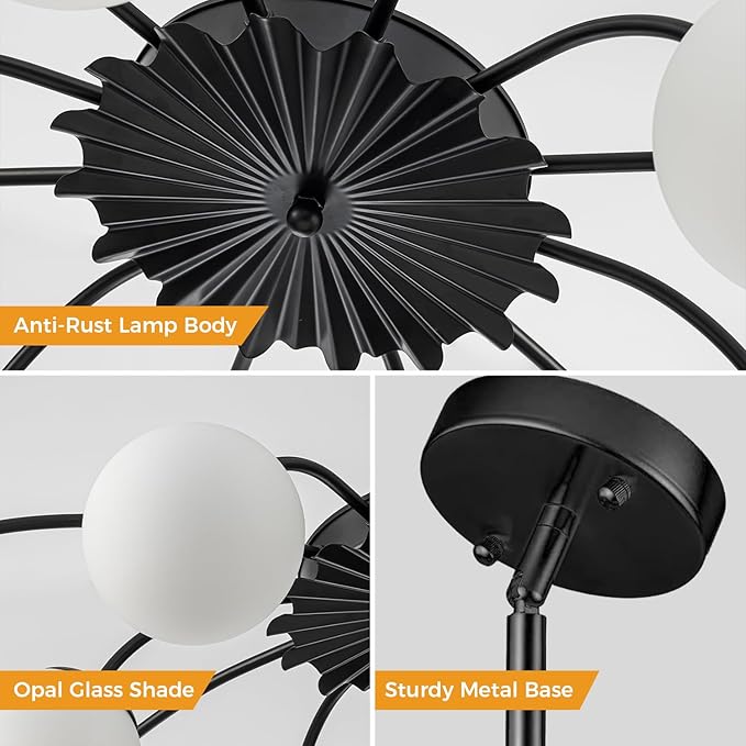 12-Light Milk Glass Pendant Light, 40" Sputnik Bubble Glass Chandelier Light Fixture, Hand Blown Semi Flush Mount Ceiling Chandeliers Lighting for Dining Room, Living Room (Black, 12-Light Chandelier)