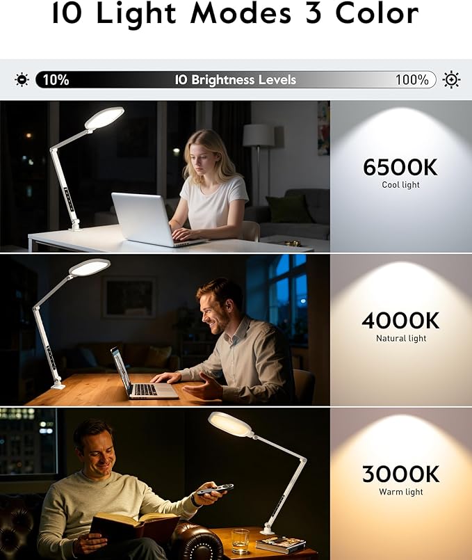 LitONES Led Desk Lamp with Clamp, 2000LM Dimmable Home Office Desktop Light, 3000k-6500k Adjustable Swing Arm Ring Light for Video Conference, Study, Reading, Zoom Calls, Streaming (White)