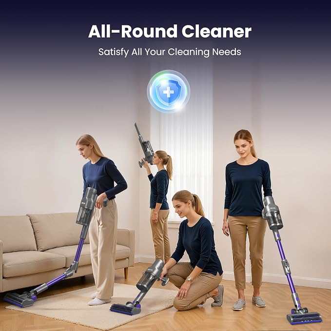 Cordless Vacuum Cleaner JQ02,450W 45KPA Full-Size Stick Cleaner with 800ML Dual-Layer Cyclone Dust Cup,HEPAFiltration,Lightweight&Low Noise for HardFloor,Pet,Carpets，Purple