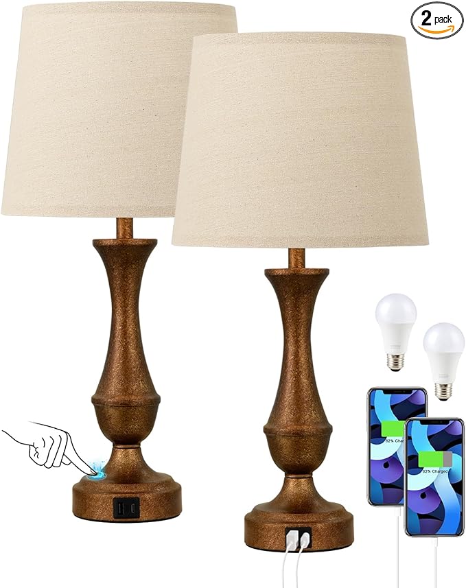 Seealle Upgraded Touch Lamps for Night Stands Set of 2 - Bedside Lamps with USB C+A, 3 Way Dimmable for Bedroom Living Room End Tables Office (Brown&Oat)