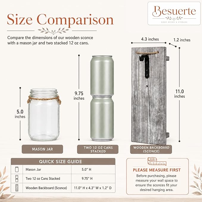 Rustic Mason Jar Sconces Wall Decor - Set of 2 Hanging Wooden Wall Art with LED String Lights & Remote Timer - Vintage Farmhouse Decoration for Living Room or Bedroom, Grey