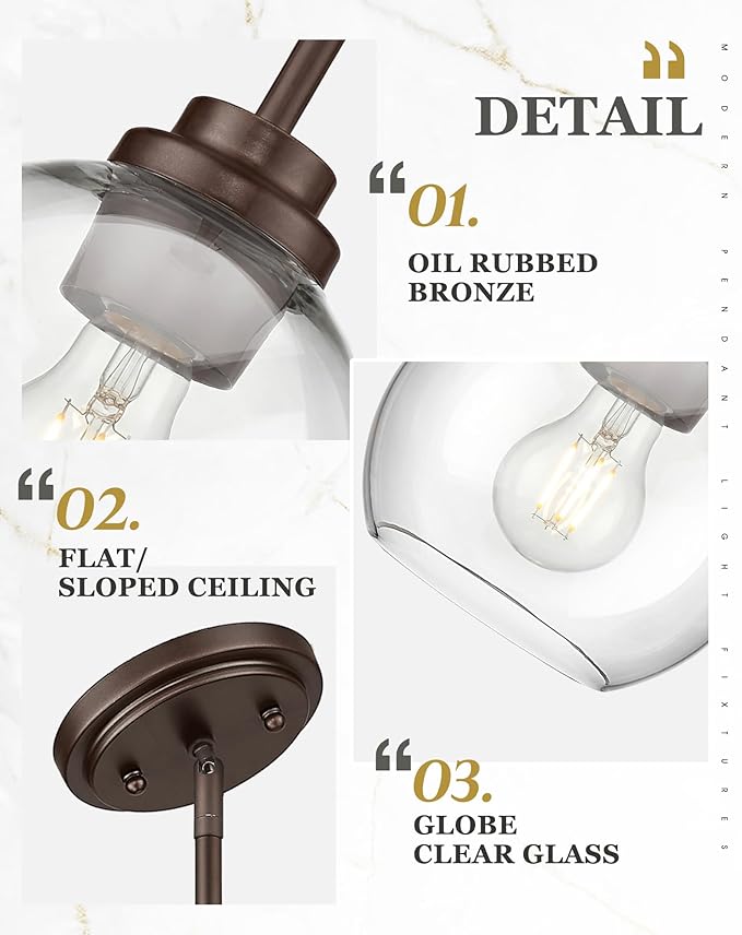 2-Pack Pendant Lights Kitchen Island, 7" Oil Rubbed Bronze Hanging Lights Fixtures with Clear Glass Globe Shade, Modern Kitchen Island Lighting for Bathroom, AD-22280-1P2-ORB