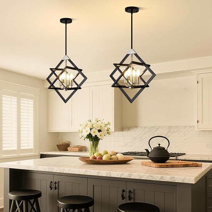 18" Modern Chandelier for Dining Room, No Assembly Required 4-Light Dining Room Light Fixture Over Table, Industrial Hanging Pendant Lights for Kitchen Island, Entryway, Foyer (Black+Brushed Nickel)