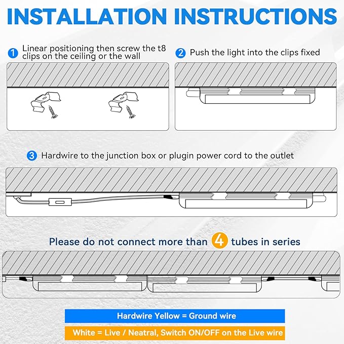 CNSUNWAY Led Shop Lights 4FT, D Shape LED Light 50W 7500LM 6500K Daylight White, Garage Light, Linkable Clear Cover T8 Integrated for Garage Workshop Workbench, ETL Listed(2-Pack)