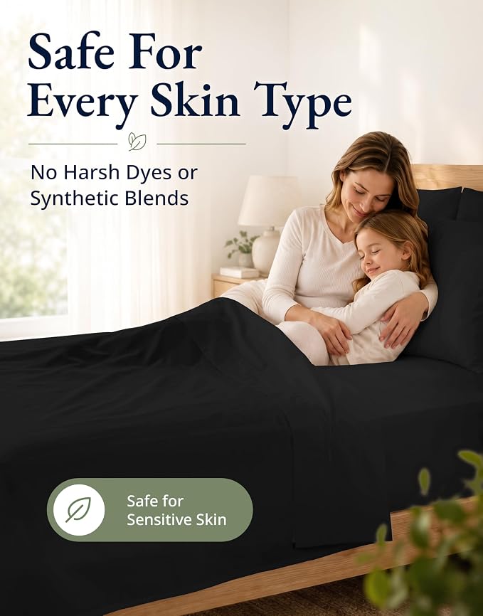 LANE LINEN Twin Fitted Sheets, 100% Organic Cotton 2-Piece Set (1 Fitted Sheet, 1 Pillowcase), Percale Weave, Bottom Sheet, Soft, Breathable, Fits Mattress Upto 15' Deep - Black (No Flat Sheet)