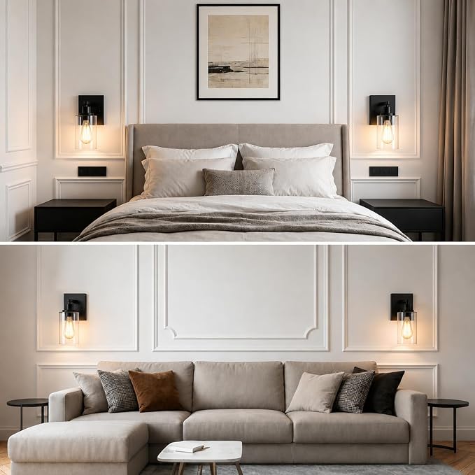 Wall Sconces Set of 2 Matte Black Vanity Lights for Bathroom, Modern Wall Light Fixtures Sconce Lights Indoor with Clear Glass Farmhouse Wall Mount Lamp for Bedroom Mirror Living Room Hallway E26 Base