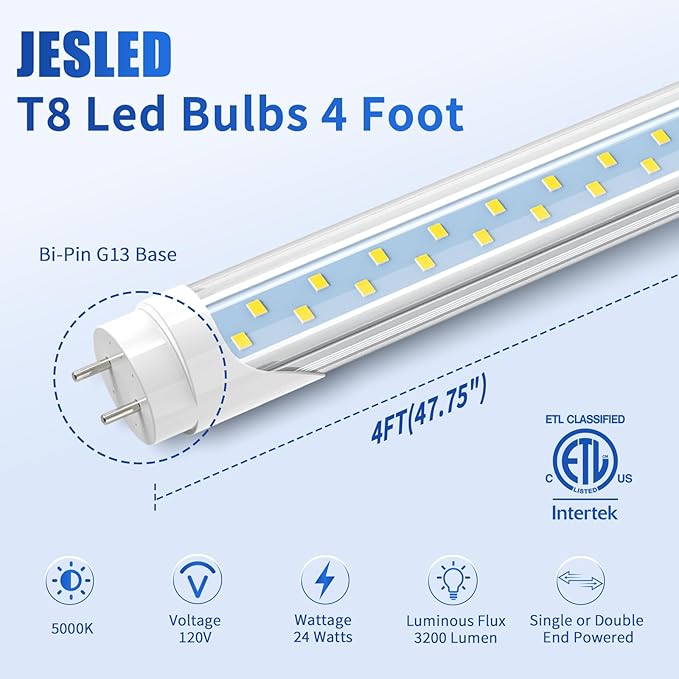 JESLED 12 Pack T8 LED Bulbs 4 Foot, Fluorescent Light Bulbs 48 inch, 24W 5000K 3200LM 4ft LED Tube Light, Plug and Play or Ballast Bypass, Replacement for T10 T12 Flourescent Tubes, Dual-end Powered