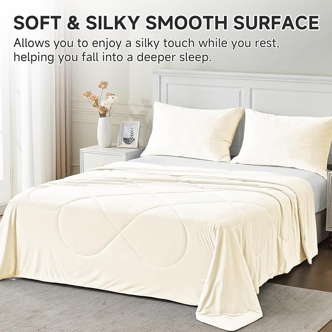 HOMFINE Cooling Comforter Queen Size, Beige Summer Cooling Blanket for Hot Sleepers and Night Sweats, Japanese Double-Sided Cold Tech Fabric Q-Max 0.45, Soft Breathable Silky Smooth Lightweight