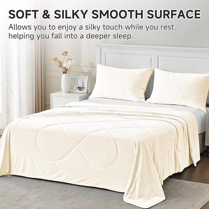 HOMFINE Cooling Comforter for Hot Sleepers - Both Sides Q-Max>0.45 Arc-Chill Cooling Fiber for All-Season, Breathable Soft Keep Cool Summer Blanket for Bed Couch Sofa, Beige, Twin