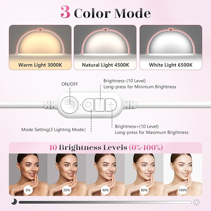 Yokilly Half Moon Light for Nail Desk: 29" Foldable Half Moon Nail Desk Lamp with Phone Holder for Beginner - Arch Tech Light with 3 Color Modes & 10 Brightness for Manicure Salon (Pink Diamond)