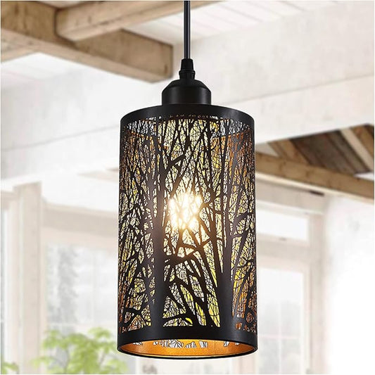 Industrial Black Pendant Light Fixture Vintage Farmhouse Mini Black Gold Pendant Lighting Rustic Hollow-Carved Cylinder Pendant Light for Kitchen Island, Dining Room, Bedroom