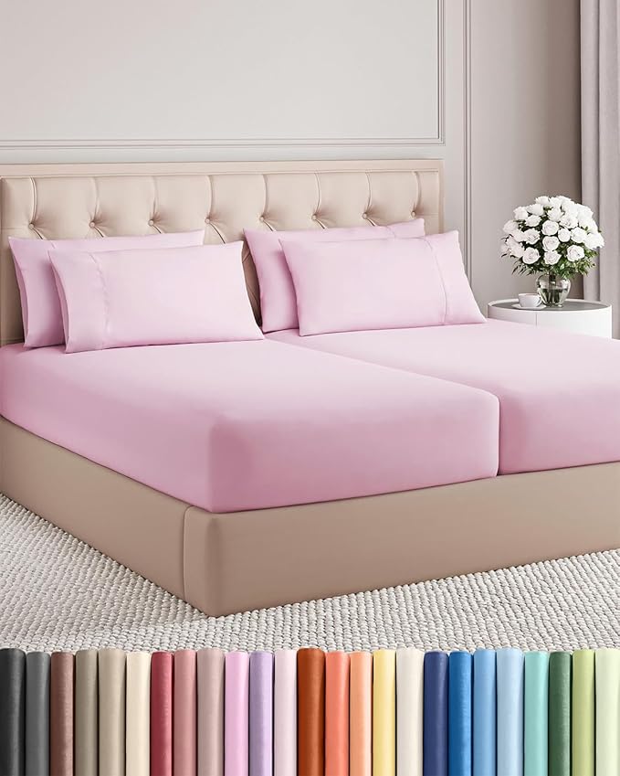 Split King 7 Piece Sheet Set - Comfy Breathable & Cooling - Soft Hotel Luxury Bedding Set with 8-16 Inch Deep Pockets - 1 Flat & 2 Fitted Sheet & 4 Pillowcases - Wrinkle Free & Easy Care - Light Pink