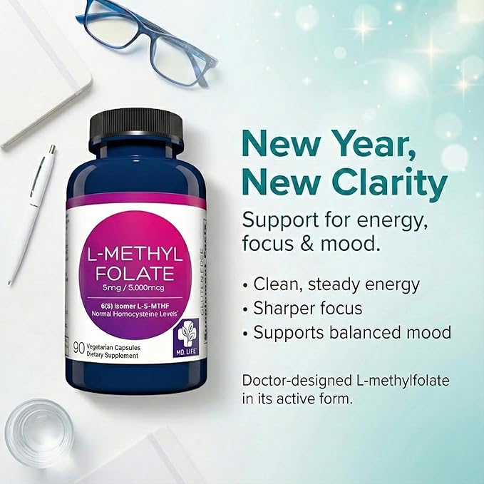 MD Life L-Méthylfolate 5mg - Supplément de Méthylfolate Actif de Qualité Professionnelle - Potentiel Maximal - Suppléments MTHFR - L-méthylfolate 5mg 90 Gélules - Acides Aminés Essentiels