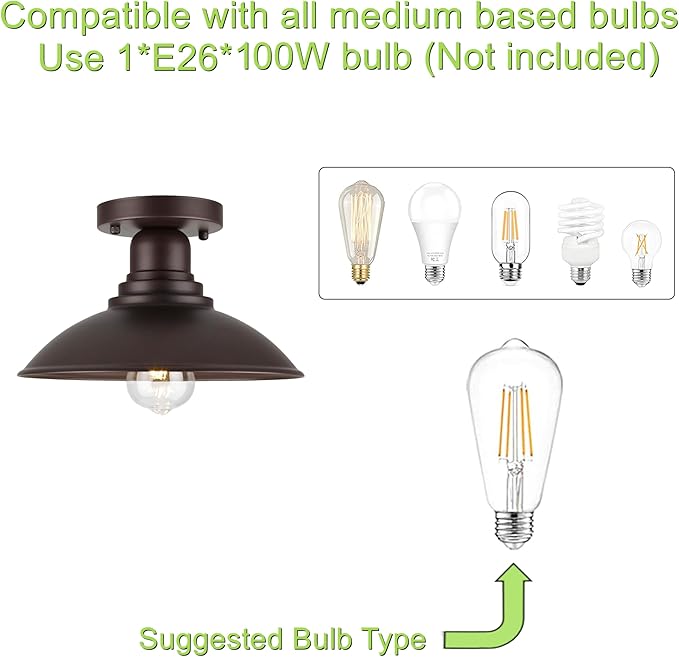 GOLDHILL 10.5" Oil Rubbed Bronze Semi Flush Mount Ceiling Light, Rust-Resistant Powder Coated Metal Barn Fixture for Kitchen, Covered Porch & Patio, Damp Rated