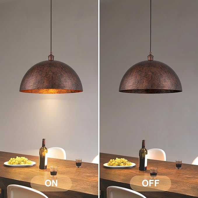Lingkai 17.7” Industrial Metal Dome Pendant Light, Rust Industrial Pendant Lights for Kitchen Island, Dimmable Hanging Light Fixtures Compatible for Kitchen Island, Dining Room