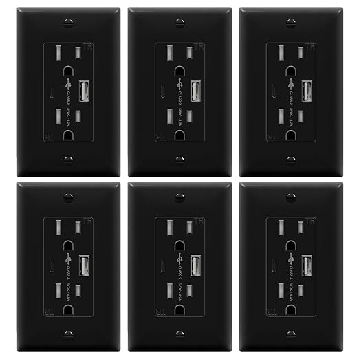 TOPGREENER 2-Port USB Outlet, 4.2A Type C USB Wall Charger Outlet, 15 Amp TR Receptacle Plug, Charging Power Outlet with USB Ports, Electrical USB Socket, UL Listed, TU21536AC-BK-6PCS, Black, 6 Pack