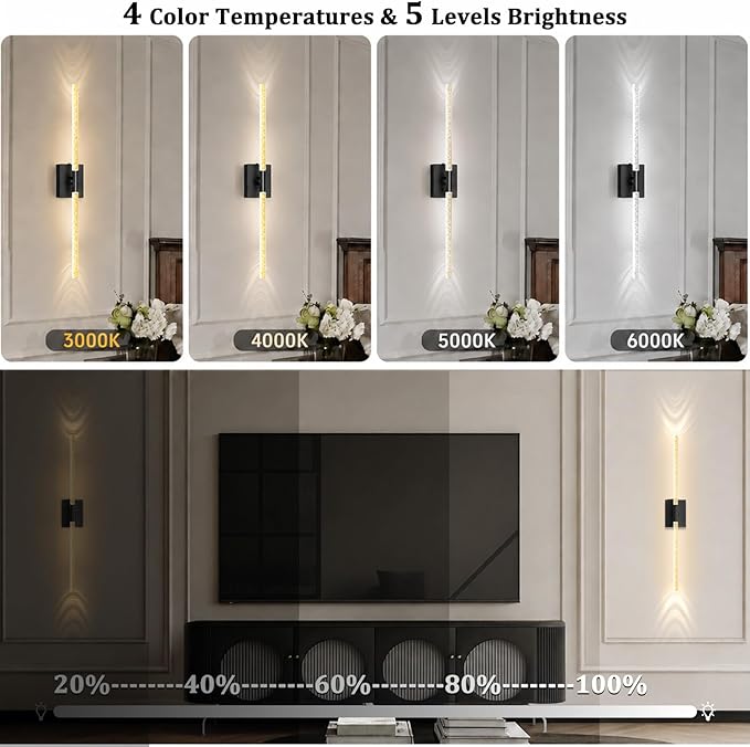 iThird Crystal Bubble Wall Sconces Set of 2: 10000mAh Rechargeable Wireless Lights with Remote & 360° Rotate, 4 Color Temps Dimmable, 31.5" Wall Lamp for Bedroom Living Room Mirror, Black