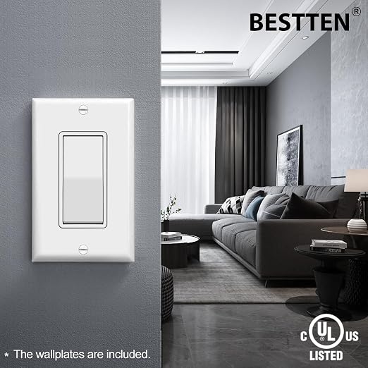 [50 Pack] BESTTEN Single Pole Decorator Wall Light Switch with Wallplate, 15A 120/277V, On/Off Rocker Paddle Interrupter, UL Listed, White