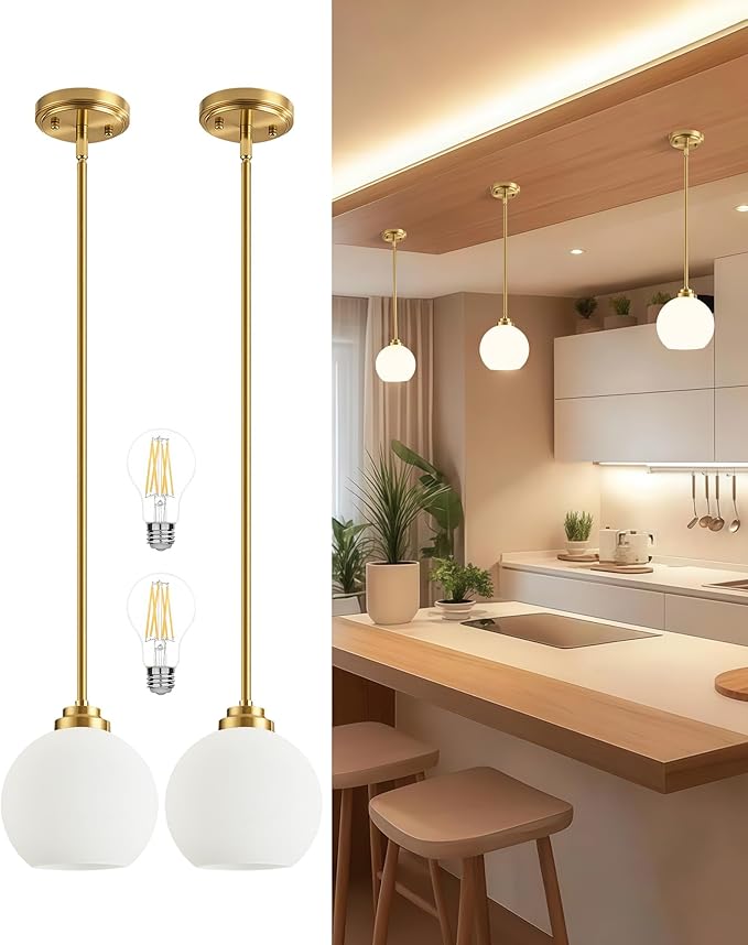 Majade Globe Pendant Lights Mid Century Modern Kitchen Island Pendant Light Fixtures 7.4 Inch Gold Brass Pendant Lighting with Milk Glass Adjustable Hanging Light Fixtures for Dining Room(2 Pack)