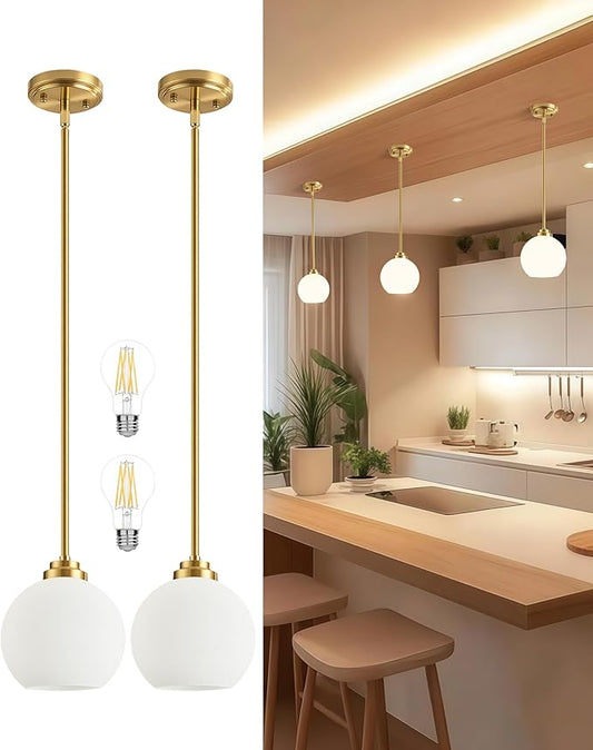 Majade Globe Pendant Lights Mid Century Modern Kitchen Island Pendant Light Fixtures 7.4 Inch Gold Brass Pendant Lighting with Milk Glass Adjustable Hanging Light Fixtures for Dining Room(2 Pack)