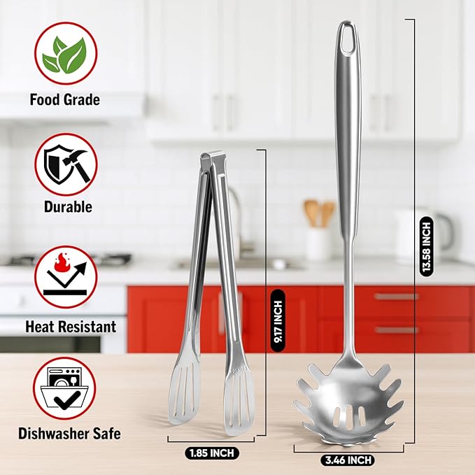 Newness 304 Stainless Steel Spaghetti Server with Teeth and Spaghetti Tong | [Rustproof, Integral Forming, Durable] Pasta Spoon with Teeth, Vacuum Ergonomic Handle, Comfortable Grip Design Pasta Server