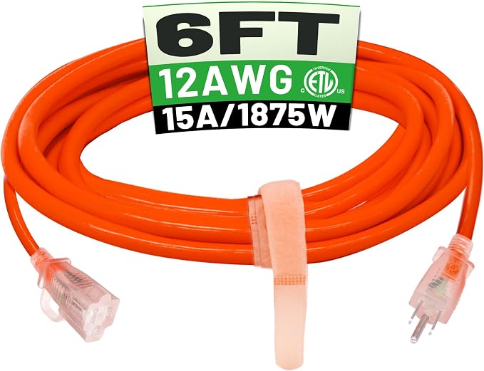 POWGRN 6 ft 12/3 Outdoor Extension Cord Waterproof Heavy Duty with Lighted Indicator End 12 Gauge 3 Prong, Flexible Cold-Resistant Long Power Cord Outside, 15Amp 1875W SJTW Orange ETL Listed