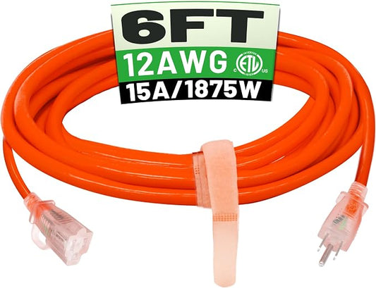 POWGRN 6 ft 12/3 Outdoor Extension Cord Waterproof Heavy Duty with Lighted Indicator End 12 Gauge 3 Prong, Flexible Cold-Resistant Long Power Cord Outside, 15Amp 1875W SJTW Orange ETL Listed