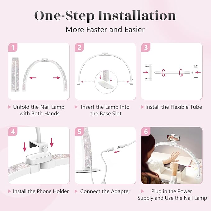 Yokilly Half Moon Light for Nail Desk: 29" Foldable Half Moon Desk Lamp with Phone Holder for Beginner - Arch Nail Tech Light with 3 Color Modes & 10 Brightness for Manicure Salon (Diamond, Large)