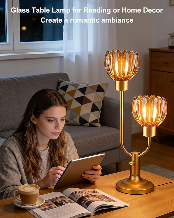 Lightdot Mid Century Modern Flower Table Lamp Dimmable Nightstand Lamp Amber Glass Vintage Gold Desk Lamp 2 Bulbs Included Warmwhite Ambient Bedside Lamp for Bedroom Living Room Home Office Decor Gift