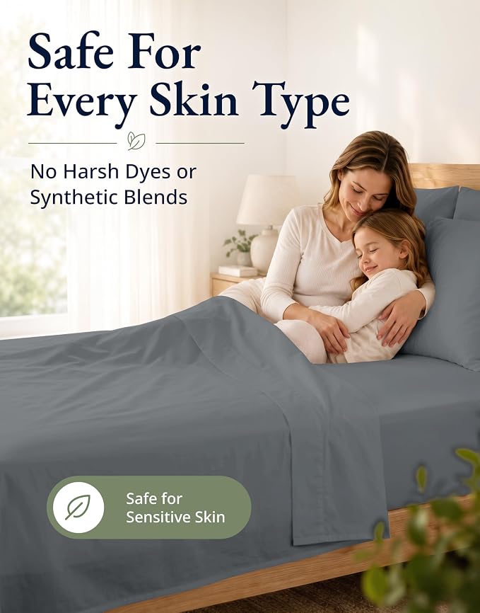 LANE LINEN 100% Organic Cotton Fitted Sheet Full Size (No Flat Sheet) - Soft & Breathable Percale Weave Fitted Sheet Set For Added Comfort - 15'' Deep Pocket For Snug Fit - GOTS Certified - Charcoal