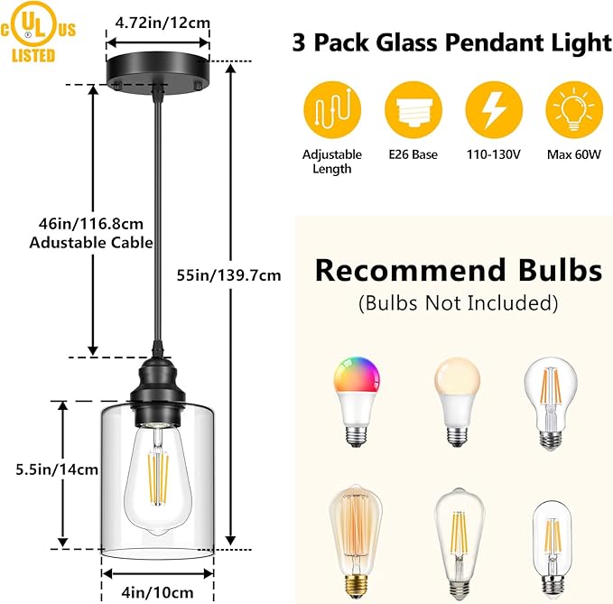 Licperron 2 Pack Modern Black Pendant Lighting, Clear Glass Shade Pendant Lights Kitchen Island, Hanging Ceiling Light Fixture, Farmhouse Pendant Lighting for Dining Room Bedroom Bar Office