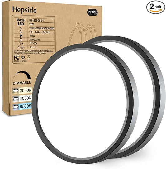 hepside 2PACK Flush Mount LED Ceiling Light Fixture Black, 6.5Inch 12Watt, Dimmable & 3000K-4000K-6500K Ceiling Lamp 1200LM Low Profile Ceiling Light for Kitchen Bedroom Hallway Porch