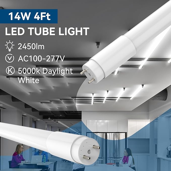 JESLED 50 Pack T8 LED Tube Lights 4FT, Fluorescent Replacement, 48 Inch, 14W, 2450LM, 5000K Daylight, Single or Double End Power, Type A+B, Plug and Play or Ballast Bypass, Frosted