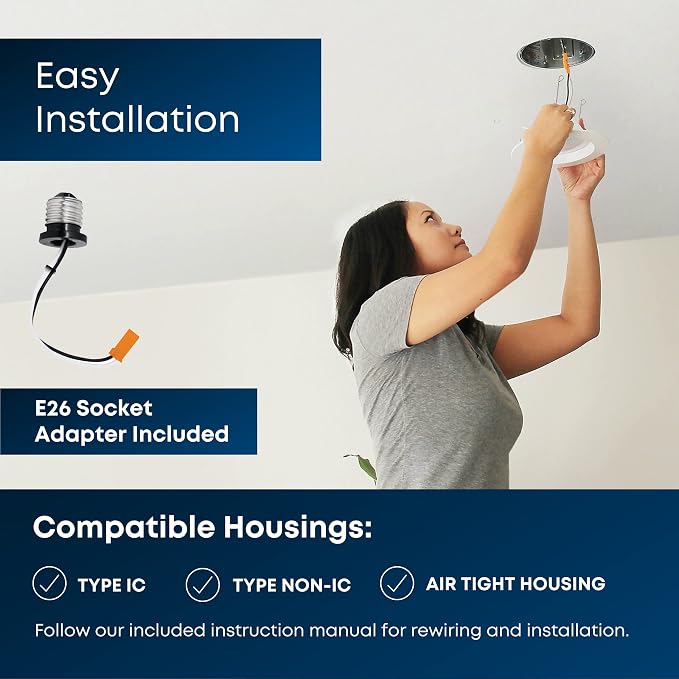 Feit Electric 5-6 inch LED Recessed Downlight - Pre-Mounted Trim - Standard Base Adapter - 3000K CCT Bright White - Dimmable- 75W Equivalent - 45 Year Life - 925 Lumens, LEDR56/930CA