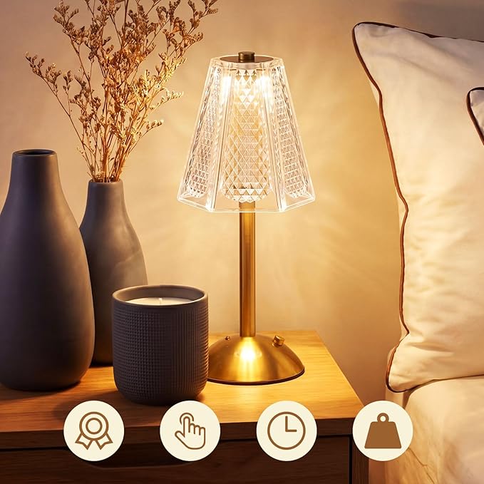 Liliful 2 Pcs Cordless Table Lamp Rechargeable Touch LED Small Gold Portable Battery Operated USB-c Desk Lamp 3 Color Dimmable for Bedroom Living Room Dining (Gold,Hexagonal Diamond Style)