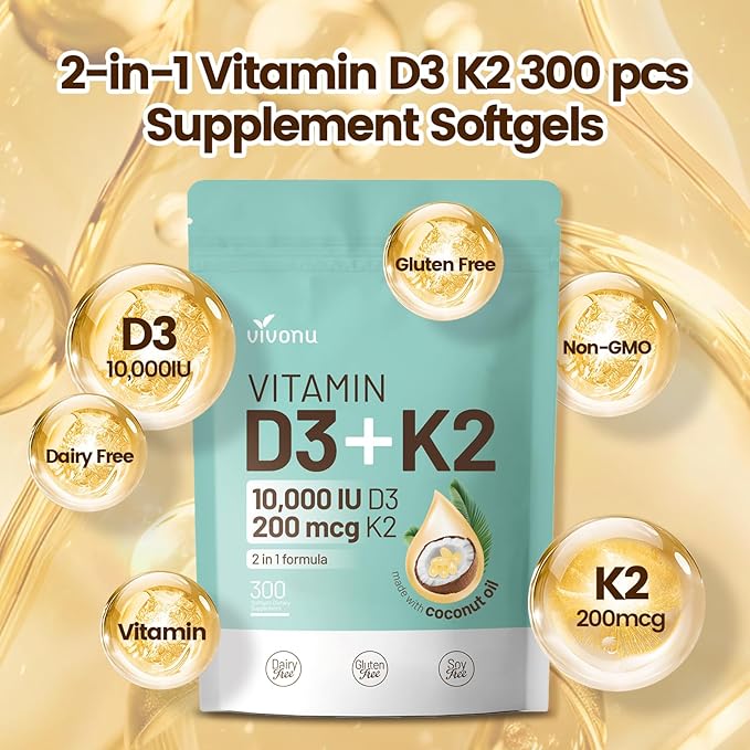 Vitamin D3 10000 iu Plus K2 (MK-7) 200 mcg, 300 Coconut Oil Softgels| 2 in 1 VIT D & K Complex | Supports Calcium Absorption, Bone, Immune, & Heart Health – Easy to Swallow (600 Softgels /2 Bag)