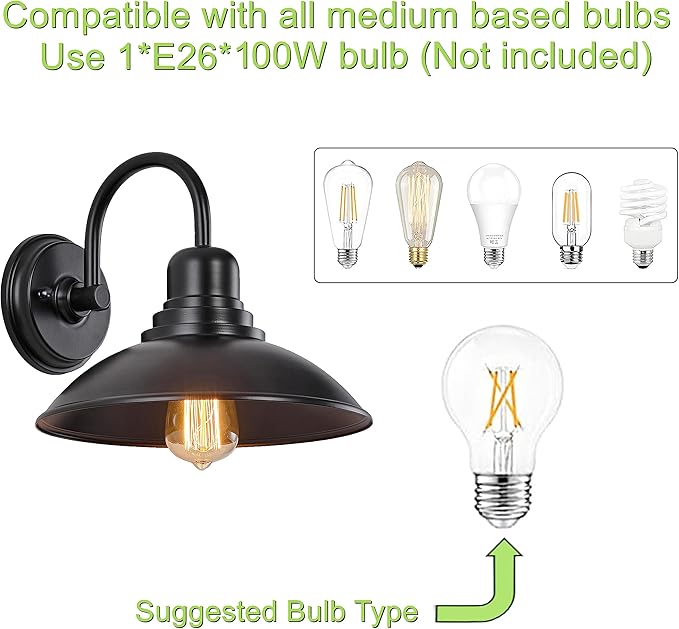 GOLDHILL Black Gooseneck Outdoor Barn Light, Farmhouse Vanity Lights with E26 Based Socket, Round Exterior Lights for House Garage Bathroom Bedroom