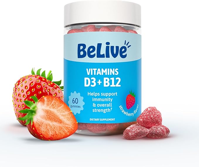 Gummies BeLive Vitamine D3 avec Vitamines B12 - 60 unités I Gommes de soutien immunitaire avec Vitamines B12 et D3 végétaliennes, pour des os et des muscles plus forts, la santé cardiaque et l'énergie - Saveur Fraise
